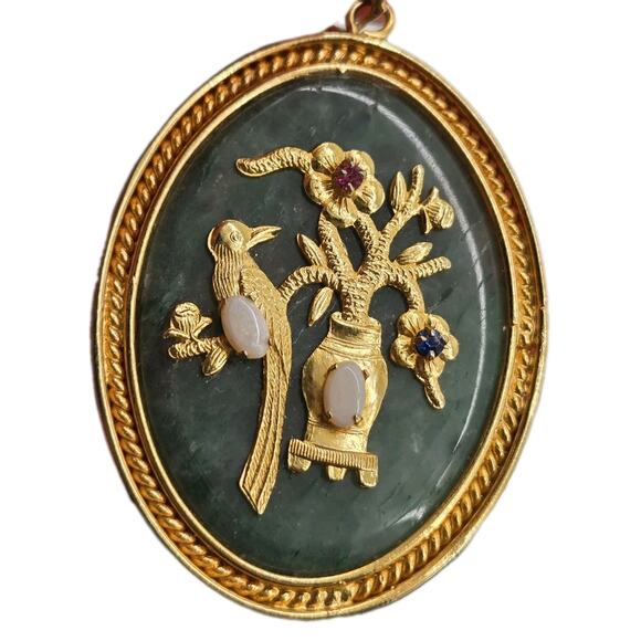 Unbranded Jewelry - Vtg Chinese Jade Blessings Fortune Pendant Opals Red And Blue Stone Gold Tone